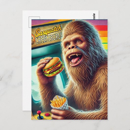 Sasquatch Cheeseburger und Fries Retro Arcade Postkarte (Vorne/Hinten)