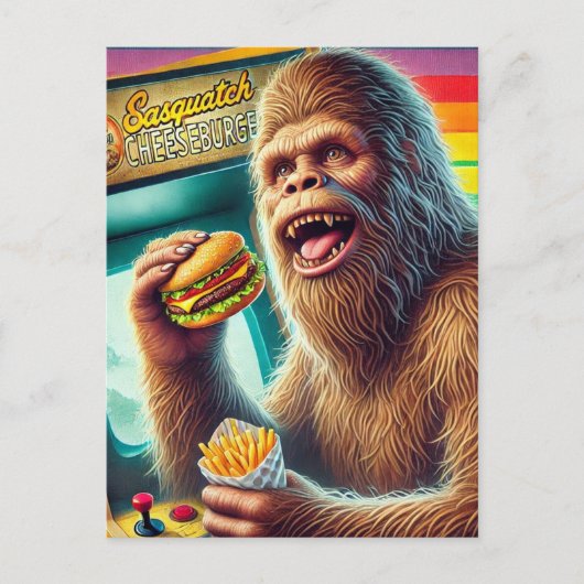 Sasquatch Cheeseburger und Fries Retro Arcade Postkarte (Vorderseite)