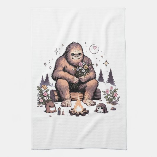 Sasquatch hält Blumen Geschirrtuch (Vertikal)