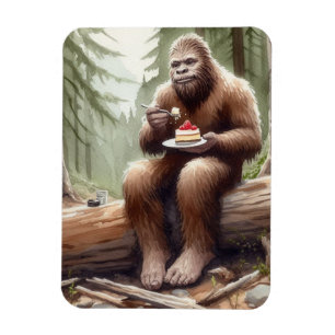 Sasquatch im moosigen Wald mit einem Käsekuchen Magnet