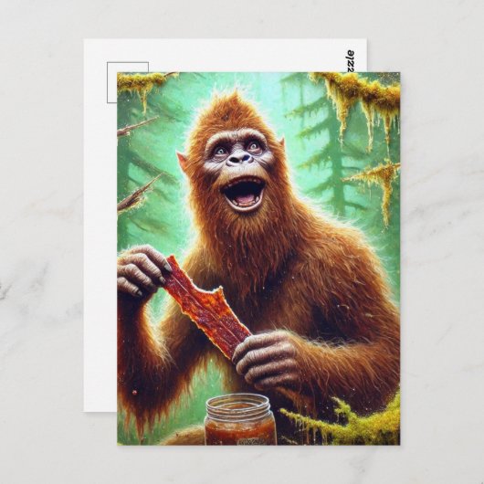 Sasquatch im Mossawald mit einem Glas Rindfleisch Postkarte (Vorne/Hinten)