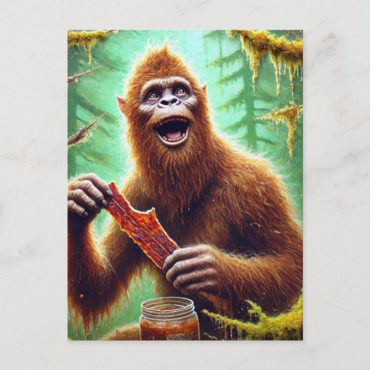 Sasquatch im Mossawald mit einem Glas Rindfleisch Postkarte (Vorderseite)