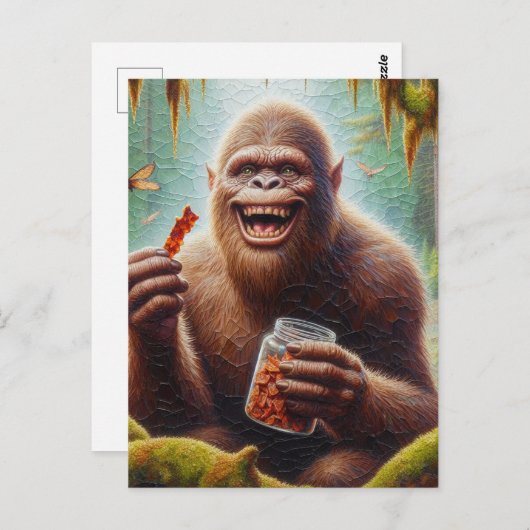 Sasquatch im Mossawald mit gefundenen Glas Jerky Postkarte (Vorne/Hinten)