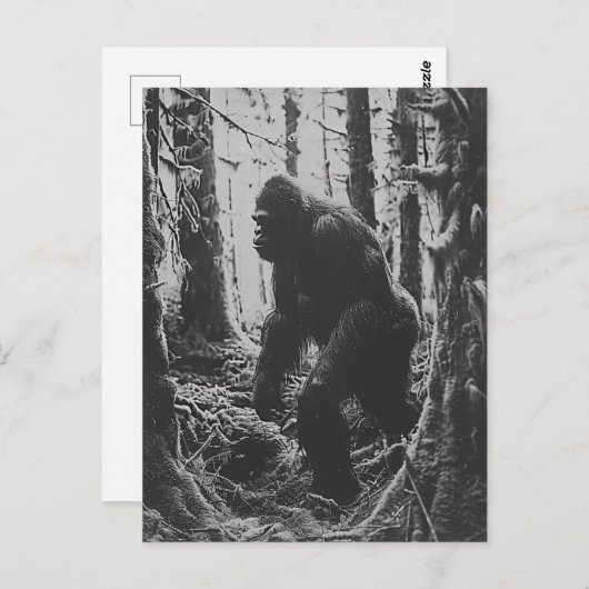 Sasquatch im Wald schwarz-weiß Postkarte (Vorne/Hinten)