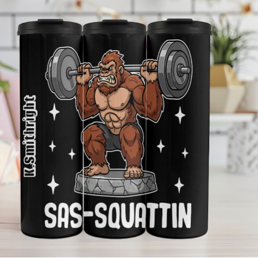 Sasquatch macht einen Barbellplatz Thermosbecher