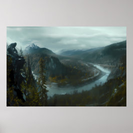 Sasquatch mit Blick auf das landschaftliche Bergta Poster