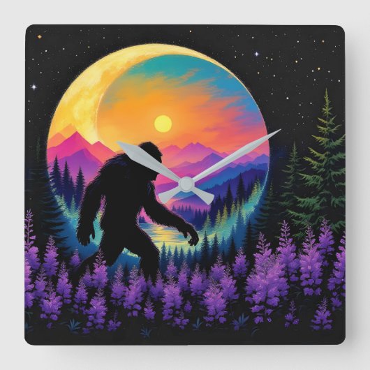 Sasquatch Rainbow Mountain Moon Wall Clock Quadratische Wanduhr (Vorderseite)