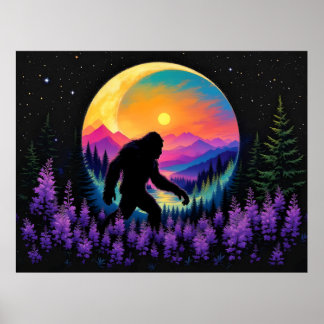 Sasquatch Regenbogen-Berg Mond Wanduhr Poster