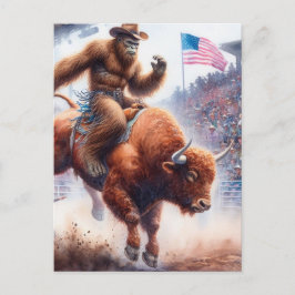 Sasquatch reiten auf einem Rodeo-Bull-Fantasy-Kuns Postkarte