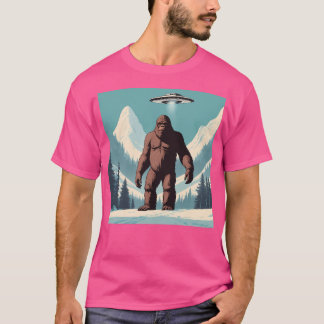 Sasquatch Ufo Snowy Mountain Scene T-Shirt