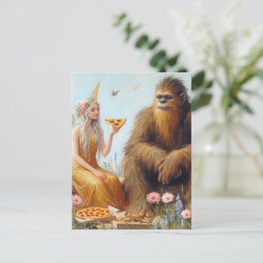 Sasquatch und das Fairy Pizza Date Postkarte (Stehend Vorderseite)