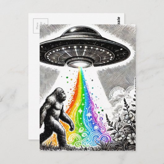 Sasquatch und das UFO auf einer Wiese Postkarte (Vorne/Hinten)