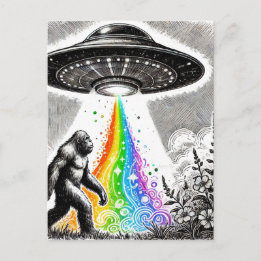 Sasquatch und das UFO auf einer Wiese Postkarte