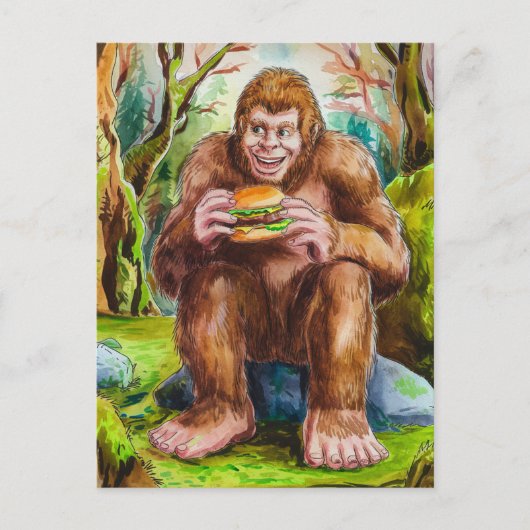 Sasquatch und der Käserburger in einem Mossy-Wald Postkarte (Vorderseite)