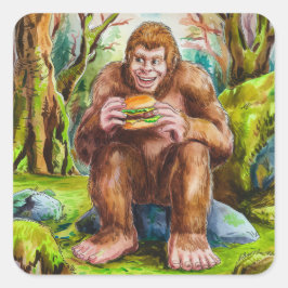 Sasquatch und der Käserburger in einem Mossy-Wald Quadratischer Aufkleber