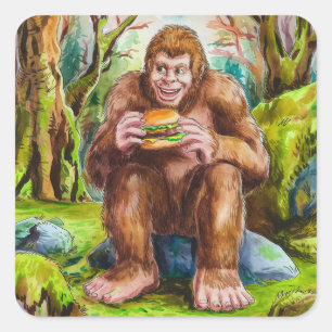 Sasquatch und der Käserburger in einem Mossy-Wald Quadratischer Aufkleber