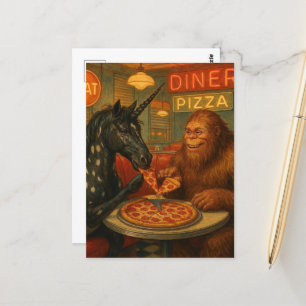 Sasquatch und ein Einhorn Appaloosa essen Pizza Postkarte