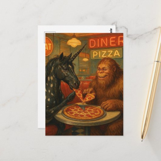 Sasquatch und ein Einhorn Appaloosa essen Pizza Postkarte (Vorderseite/Rückseite Beispiel)
