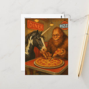 Sasquatch und ein Einhorn essen Pizza Postkarte