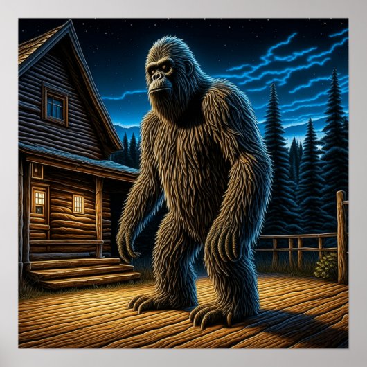 Sasquatch vor der Holzhütte im Wald Poster (Vorne)