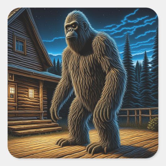 Sasquatch vor der Holzhütte im Wald Quadratischer Aufkleber (Vorderseite)
