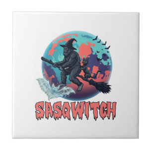 Sasqwitch Bigfoot Hexen Besen Schwarze Katze Mond Fliese
