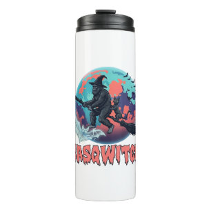 Sasqwitch Bigfoot Hexen Besen Schwarze Katze Mond  Thermosbecher