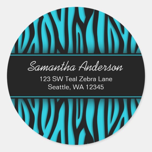 Sassy Aquamarin Blue Zebra Custom Address Label Runder Aufkleber (Vorderseite)