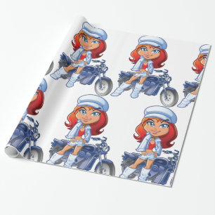 Sassy Biker Girl mit Rotem Haar und Motorrad Geschenkpapier