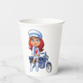 Sassy Biker Girl mit Rotem Haar und Motorrad Pappbecher (Vorderseite)