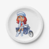 Sassy Biker Girl mit Rotem Haar und Motorrad Pappteller (Vorderseite)