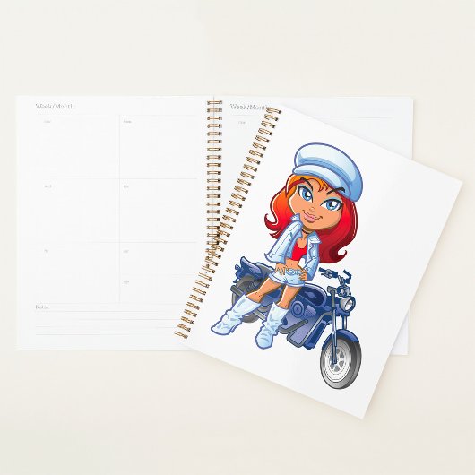 Sassy Biker Girl mit Rotem Haar und Motorrad Planer