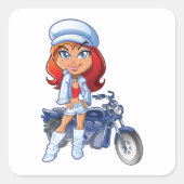Sassy Biker Girl mit Rotem Haar und Motorrad Quadratischer Aufkleber (Vorderseite)