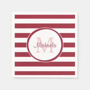 Sassy Deep Red Even Stripes mit Name und Monogramm Serviette