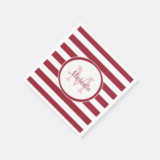 Sassy Deep Red Even Stripes mit Name und Monogramm Serviette (Ecke)