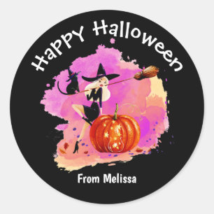 Sassy Halloween Hexe mit Cat Classic Round Stick Runder Aufkleber
