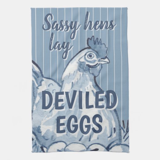 Sassy Hens Lay Deviled Eggs Funny Blue Chicken Art Geschirrtuch (Vertikal)