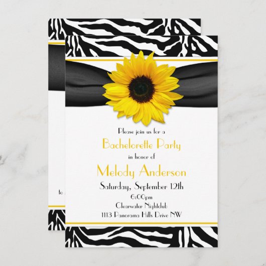 Sassy Sunflower Zebra Print Junggeselinnen-Abschie Einladung (Vorne/Hinten)