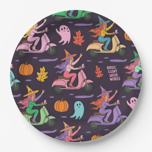 Sassy Witch Moped Pattern - Niedliche Pastelhexen Pappteller (Vorderseite)