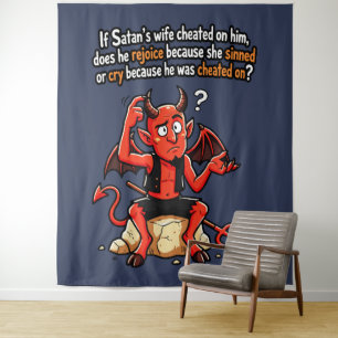 Satan betrügende Frau Sünde Lustiger Teufel Meme Wandteppich