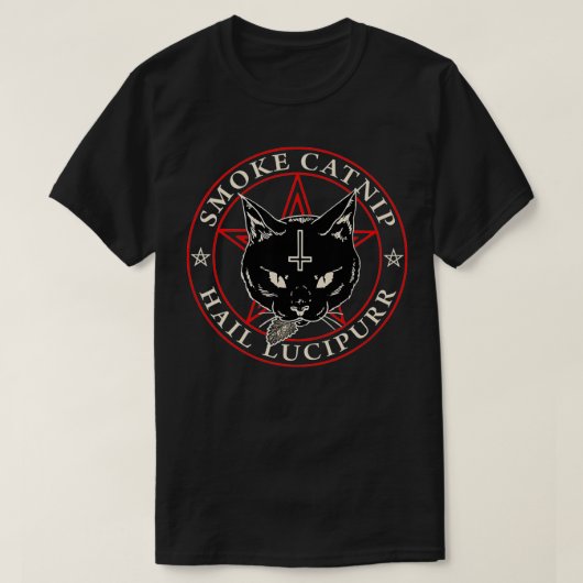 Satanic Black Cat Hail Satan Smoke Catnip Hail Luc T-Shirt (Design vorne)