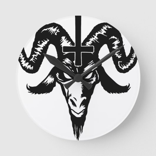 Satanic Goat Head mit Cross (schwarz) Runde Wanduhr (Vorderseite)