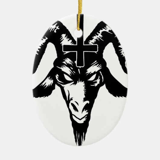 Satanic Goat Head mit Kreuz (schwarz) Keramik Ornament (Vorne)