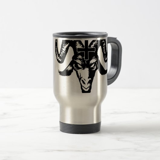 Satanischer Ziegen-Kopf mit Kreuz (Schwarzes) Reisebecher (VorderseiteRechts)