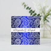 Satin Blue White Lace Paisley Wedding Einladung (Stehend Vorderseite)
