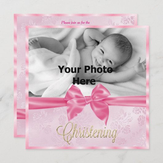 Satin Bow Foto Girl's Christening Einladung (Vorne/Hinten)