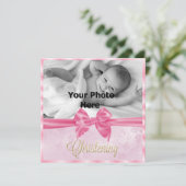 Satin Bow Foto Girl's Christening Einladung (Stehend Vorderseite)