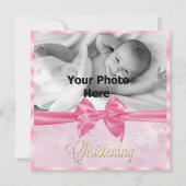 Satin Bow Foto Girl's Christening Einladung (Vorderseite)