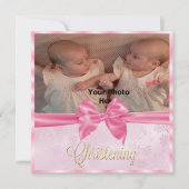 Satin Bow Foto Zwillingsmädchen Einladung (Vorderseite)