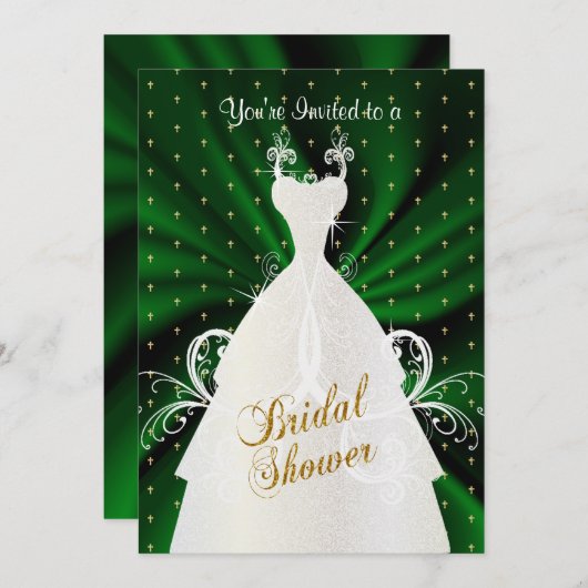 Satin Dark Green & Gold Cross Muster | Dusche Einladung (Vorne/Hinten)